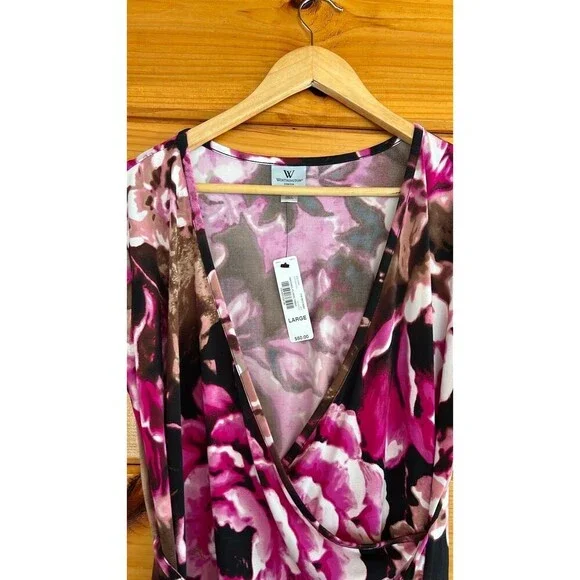 NWT Pink & Brown Rose Patterned Wrap Dress with Tie L - Picture 3 of 5